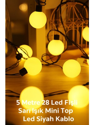 5 Metre 28 LED Mini Top Işık Sarı Fişli Siyah Kablo Dekoratif Zincir