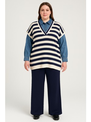 BezeXL Büyük Beden Kol Yaka Kot Siyah Ikili Triko Takım