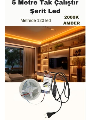5 Metre Duvar ve Dolap Için Tak Çalıştır LED Şerit 120 LED 2000K Amber