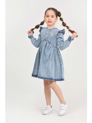 Modanino Kız Çocuk Papatya Nakışlı Omuz Fırfırlı Jean Elbise 12466