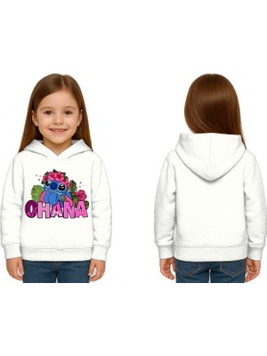 Sedirli Unisex Stitch Baskılı Çocuk Swaetshirt Baskılı Kapüşonlu 3 Iplik Şardonlu