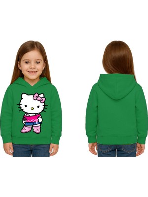 Sedirli Unisex Hello Kity  Baskılı Çocuk Swaetshirt  Baskılı Kapüşonlu 3 Iplik Şardonlu