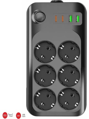 Gunkes Winnboss Termal Akım Korumalı USB ve Type-C 2.1A Şarj Çıkışlı 10A 2500W 6'lı Uzatma Grup Priz 3421