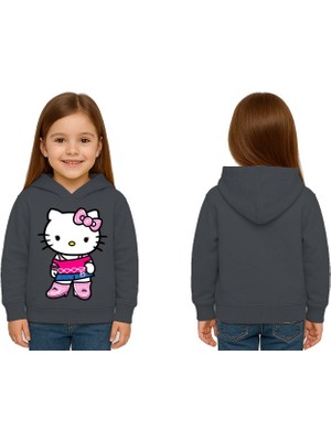 Sedirli Unisex Hello Kity  Baskılı Çocuk Swaetshirt  Baskılı Kapüşonlu 3 Iplik Şardonlu