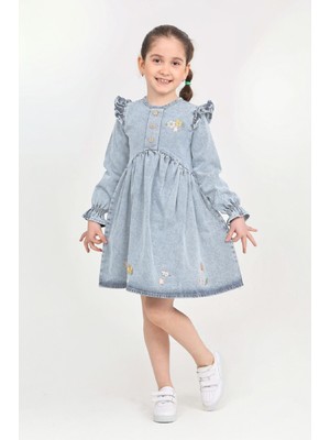 Modanino Kız Çocuk Papatya Nakışlı Omuz Fırfırlı Jean Elbise 12466