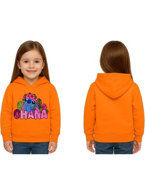 Sedirli Unisex Stitch Baskılı Çocuk Swaetshirt Baskılı Kapüşonlu 3 Iplik Şardonlu