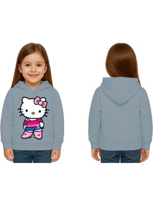 Sedirli Unisex Hello Kity  Baskılı Çocuk Swaetshirt  Baskılı Kapüşonlu 3 Iplik Şardonlu