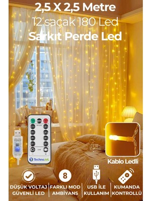 Kumandalı LED Perde 2,5x2,5m Usb, 8 Mod, Kalın Kablo, 180 Led, Şık Aydınlatma