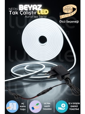 5 Metre Beyaz Neon LED Şerit, Auraflex Serisi, 6500K, Tak Çalıştır, Açık/kapağı