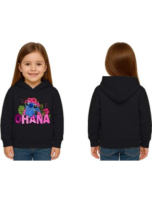 Sedirli Unisex Stitch Baskılı Çocuk Swaetshirt Baskılı Kapüşonlu 3 Iplik Şardonlu