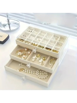 Feyza Design Şık Akrilik Takı Organizatörü, Kadife Çekmecelerle, Bej Renk