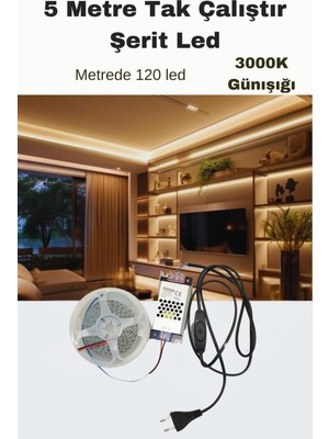 5 Metre Duvar LED Şerit Işık, Tak Çalıştır, 120 Led, Günışığı Ton
