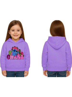 Sedirli Unisex Stitch Baskılı Çocuk Swaetshirt Baskılı Kapüşonlu 3 Iplik Şardonlu