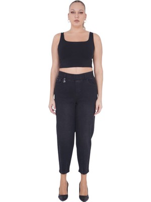 Zanessi Büyük Beden Lastikli Yüksek Belli Likralı Geniş Kalıp Mom Kadın Taşlı Kot Pantolon