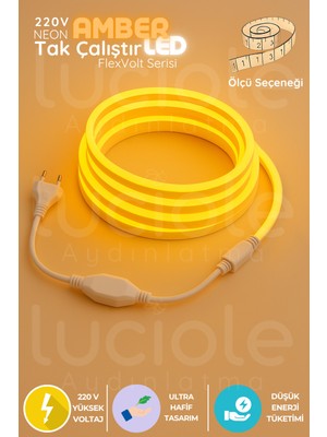 1 Metre Amber Neon LED Şerit Işık, 220V, Tak ve Çalıştır, Turuncu