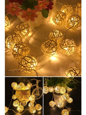 Renkli Rattan Şerit Top LED Yılbaşı Parti ve Doğum Günü Süsleri (10'lu)