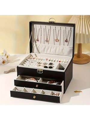 Feyza Design Büyük Kapasiteli Üç Katmanlı Takı Kutusu, Kolye, Küpe, Yüzük ve Saat Düzenleyici