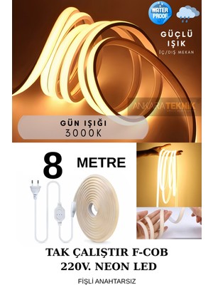 220V Cob Neon LED Günışığı, Yüksek Lümen, Iç ve Dış Mekan, 8 Metre