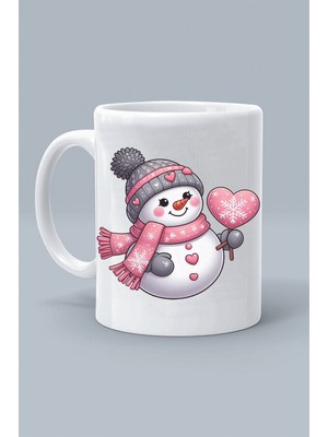 Olympus Plus Noel Yeni Yıl Yılbaşı Kardan Kadın Pembe Kalp Tasarım Baskılı Beyaz Kupa Bardak