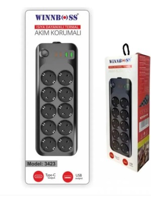 Gunkes Winnboss Termal Akım Korumalı USB ve Type-C 2.1A Şarj Çıkışlı 10A 2500W 10'lu Uzatma Grup Priz