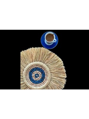 Rafya Mavi Ahşap Boncuklu Duvar Aksesuar Süsü