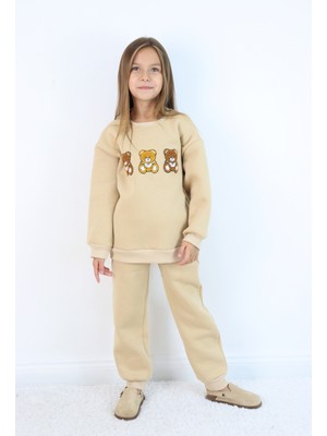 Harika Kids Kız Çocuk 3'lü Ayıcık Nakışlı 3 İplik Oversize Şardonlu Takım