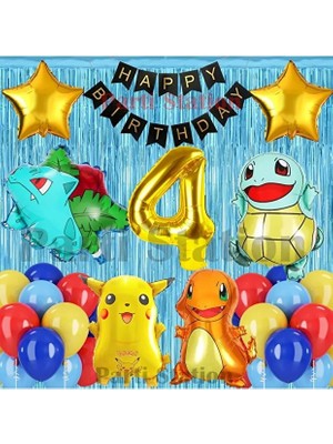 Parti Station Pokemon Tema Yaş Doğum Günü Perdeli Balon Set Pokemon Pikachu Bulbasaur Charmander Squirtle