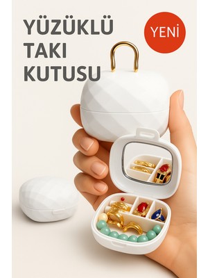 Feyza Design Taşınabilir Yüzüklü Takı Kutusu, Ayna ve 4 Bölmeli Mini Mücevher Organizer