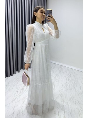 Moderie Butik Kadın Damla Yaka Sırt Dekolteli Astarlı Tül Elbise