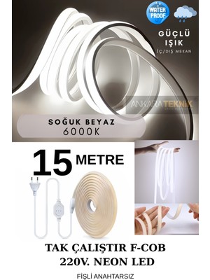 220V Cob Neon LED Beyaz 6000K, Yüksek Lümen, Dış ve Iç Mekan, 15M