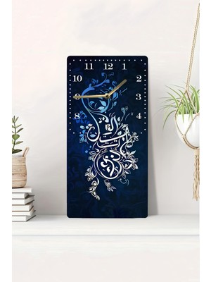 KutuTR 3D Görünümlü 2d Uv Baskı Mdf Tablo Saat – Lacivert Zemin Üzerinde Çiçekli Hat Sanatı 20X40 CM-DTS177