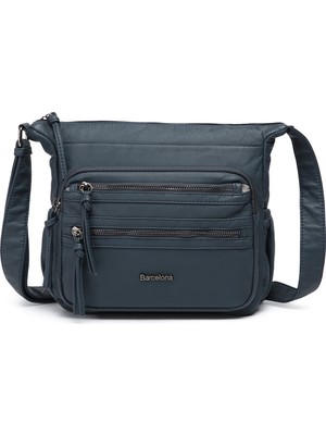 Hüvendo Barcelona Küçük Boy Çok Cepli Uzun Çapraz Askılı Spor ve Günlük Kadın Omuz Çantası Jeans Mavi