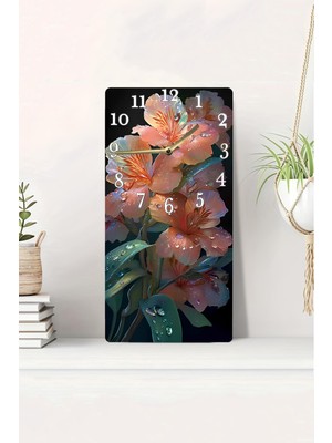 KutuTR 3D Görünümlü 2d Uv Baskı Mdf Tablo Saat–siyah Zeminde Islak Efektli Renkli Çiçekler –20X40 CM-DTS169