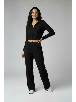 Lyvean Üç Iplik Sardonlu  Fermuarlı  Crop  Takım