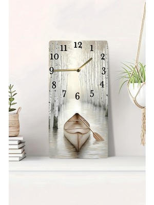 KutuTR 3D Görünümlü 2d Uv Baskı Mdf Tablo Saat – Sisli Orman ve Kayık Manzarası – 20X40 CM-DTS191