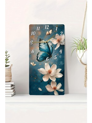 KutuTR 3D Görünümlü 2duv Baskı Mdf Tablo Saat-Mavi Kelebek ve Beyaz Çiçek Temalı Tasarım 20X40CM-DTS206