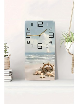 KutuTR 3D Görünümlü 2d Uv Baskı Deniz Temalı Gemi Dümeni Mdf Tablo Saat 20X40 CM-DTS056