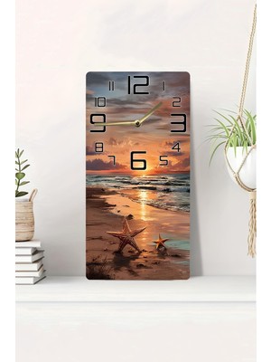 KutuTR 3D Görünümlü Deniz Yıldızlı Gün Batımı Temalı 2d Uv Baskı Mdf Tablo Saat 20X40 CM-DTS061