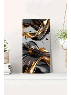KutuTR 3D Görünümlü Siyah Altın Soyut Desenli 2d Uv Baskı Mdf Tablo Saat 20X40 cm Sessiz MEKANIZMA-DTS140
