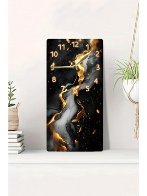 KutuTR 3D Görünümlü Siyah ve Altın Mermer Desenli 2d Uv Baskı Mdf Tablo Saat 20X40 CM-DTS020