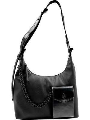Hüvendo Zincir ve Ön Cep Detaylı Ayarlanabilir Askılı Kadın Günlük Omuz Çantası Siyah