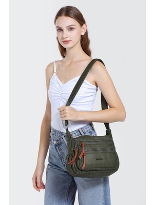 Hüvendo Barcelona Küçük Boy Çok Cepli Uzun Çapraz Askılı Spor ve Günlük Kadın Omuz Çantası Koyu Yeşil