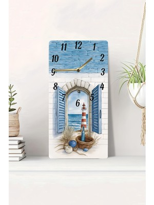 KutuTR 3D Görünümlü Pencere ve Deniz Feneri Temalı 2duv Baskı Mdf Tablo Saat 20X40 CM-DTS035