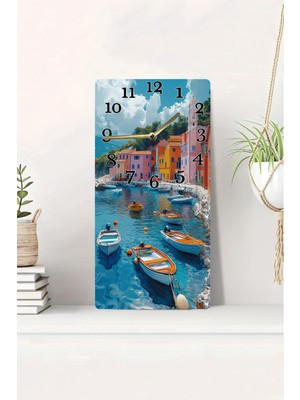 KutuTR 3D Görünümlü 2d Uv Baskı Mdf Tablo Saat 20X40 cm – Renkli Sahil Evleri ve Tekne MANZARASI-DTS003