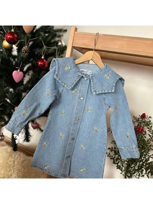 Canan Çakmak Kız Çocuk Çiçek Işlemeli Kot Mavi Elbise