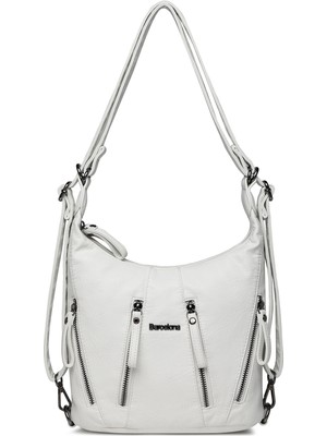 Hüvendo Barcelona Günlük Orta Boy Fermuar Detaylı Çok Cepli Kadın Omuz ve Sırt Çantası Beyaz