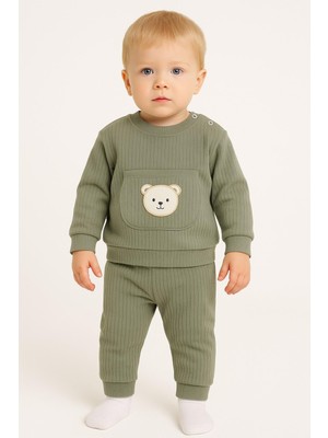 Dinamik çocuk Erkek Bebek/çocuk Ayıcık Nakışlı Ribanalı 2'li Takım Sweatshirt ve Eşofman Altı 3-6-9-12AYLIK