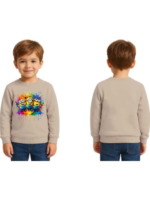 Sedirli Unisex Mınnıons Baskılı Çocuk Swaetshirt 3 Iplik Şardonlu