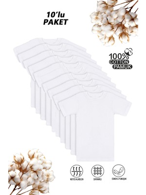 Özkan Underwear Özkan 0706 10'lu Paket Erkek Çocuk %100 Pamuklu Ribana Esnek Rahat Yarım Kol Kapalı Yaka Fanila T-Shirt