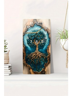 KutuTR Altın Hayat Ağacı Figürlü 3D Görünümlü 2d Uv Baskı Mdf Tablo Saat 20X40 CM-DTS033